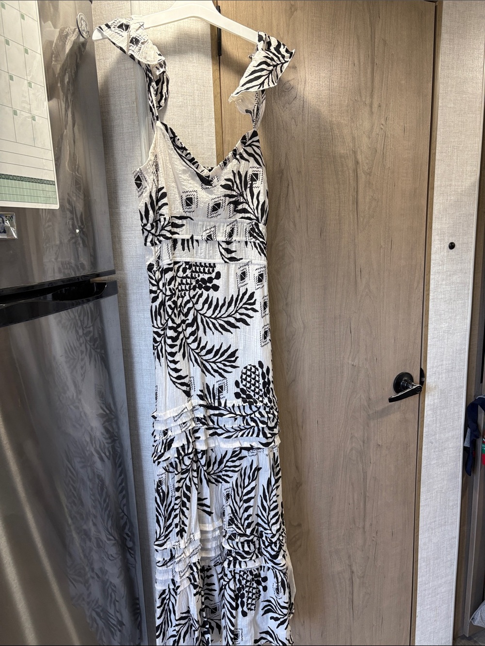 Black & White Leaf-Print Maxi Dress with Ruffle Straps